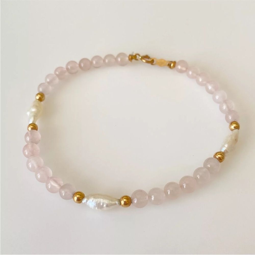 Vintage 14k Yellow Gold Pearl Rose Quartz Bead Ball Bracelet 7"